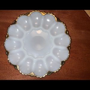 Vintage Gold-rimmed 10” White Milk Glass Egg Plate
